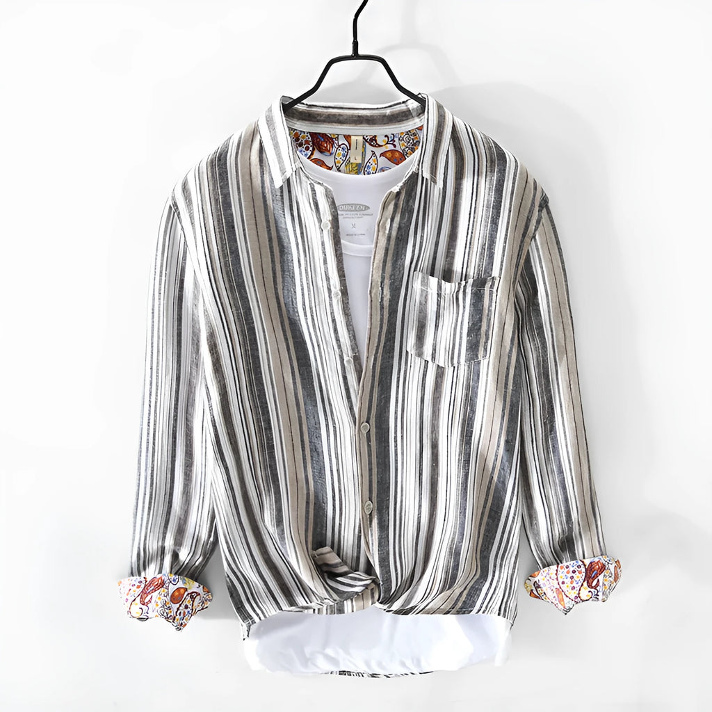 Men's casual linen striped shirt with long sleeves in grey colour option showing loose fit design