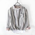 Men's casual linen striped shirt with long sleeves in grey colour option showing loose fit design