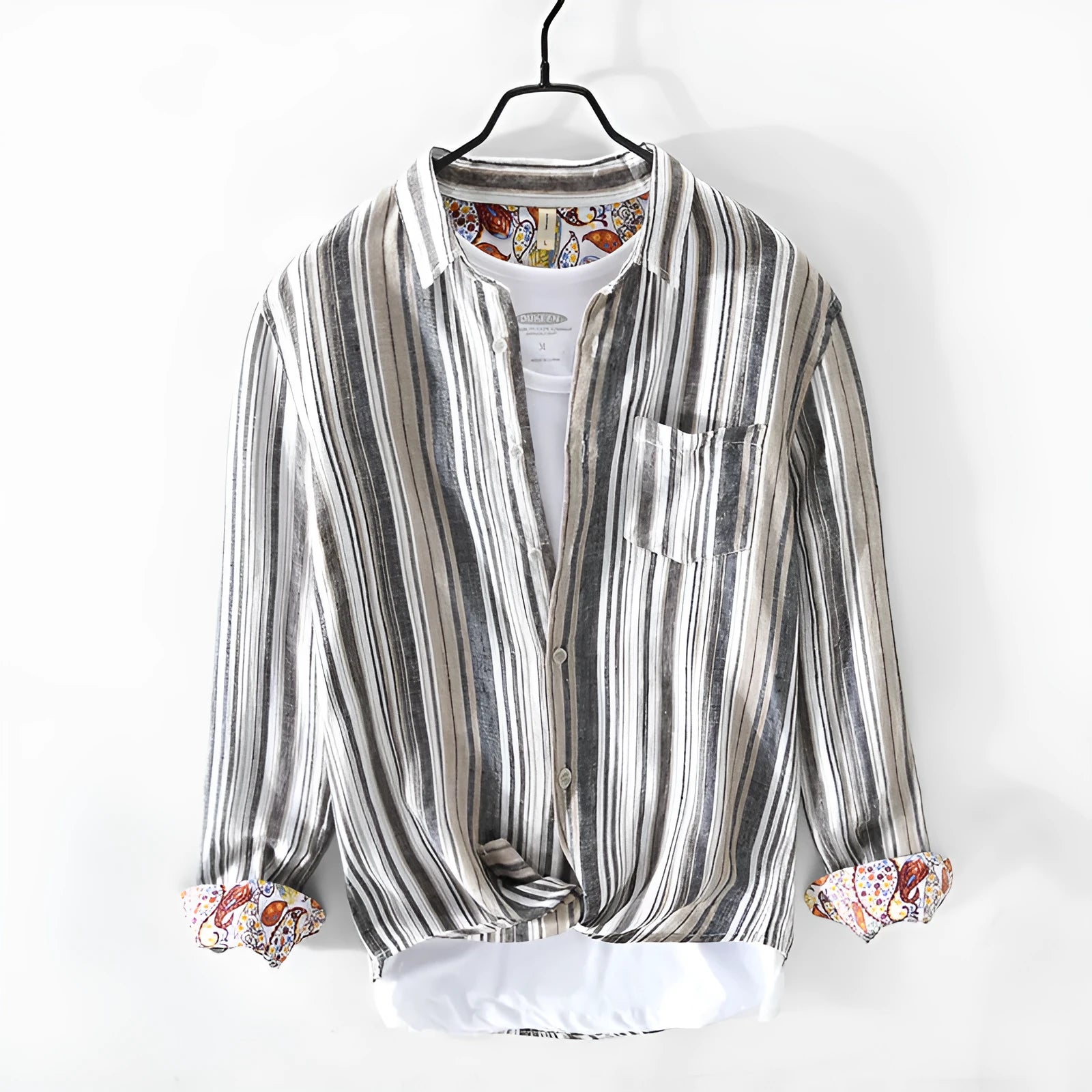 Men's casual linen striped shirt with long sleeves in grey colour option showing loose fit design