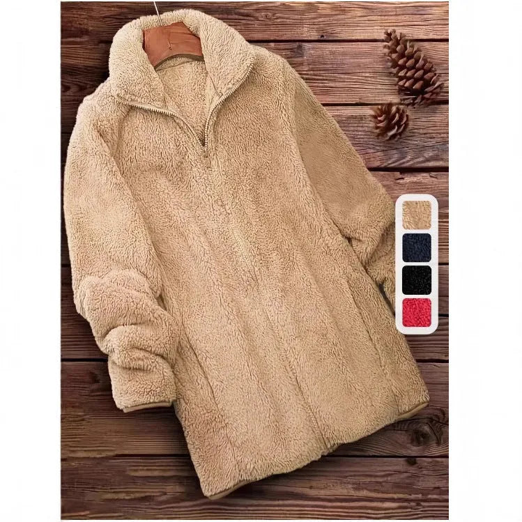 Double-sided velvet fleece jacket in khaki, shown on a hanger, with a full fleece lining visible.