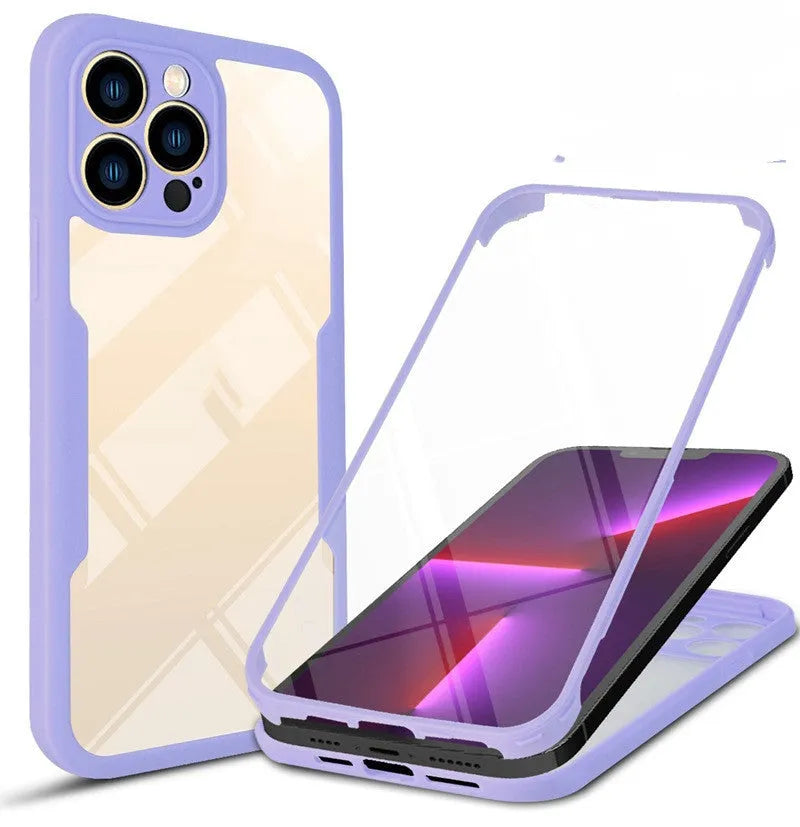 TPU back cover phone case for iPhone 14, black, on a white background showing front and back protection