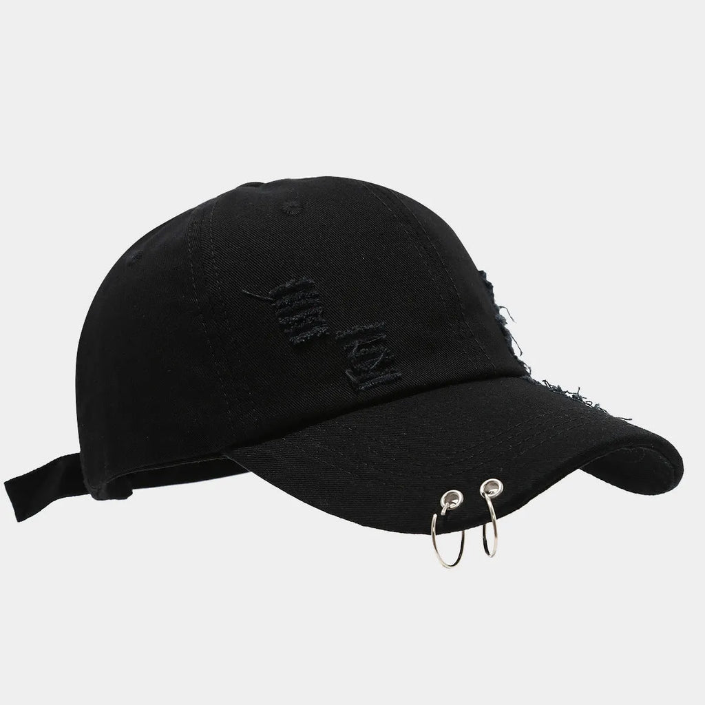 Men's cotton denim peaked cap in black with adjustable strap and dome crown for street style sunshade.