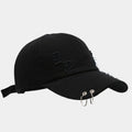 Men's cotton denim peaked cap in black with adjustable strap and dome crown for street style sunshade.