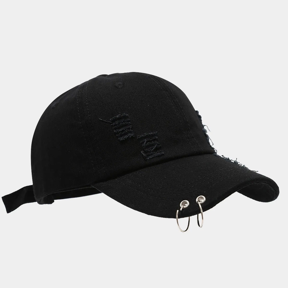 Men's cotton denim peaked cap in black with adjustable strap and dome crown for street style sunshade.
