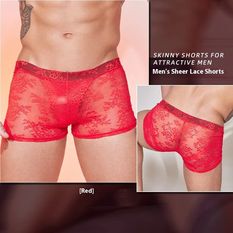 Black lace detail men's nylon boxers briefs on a white background.