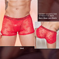 Black lace detail men's nylon boxers briefs on a white background.