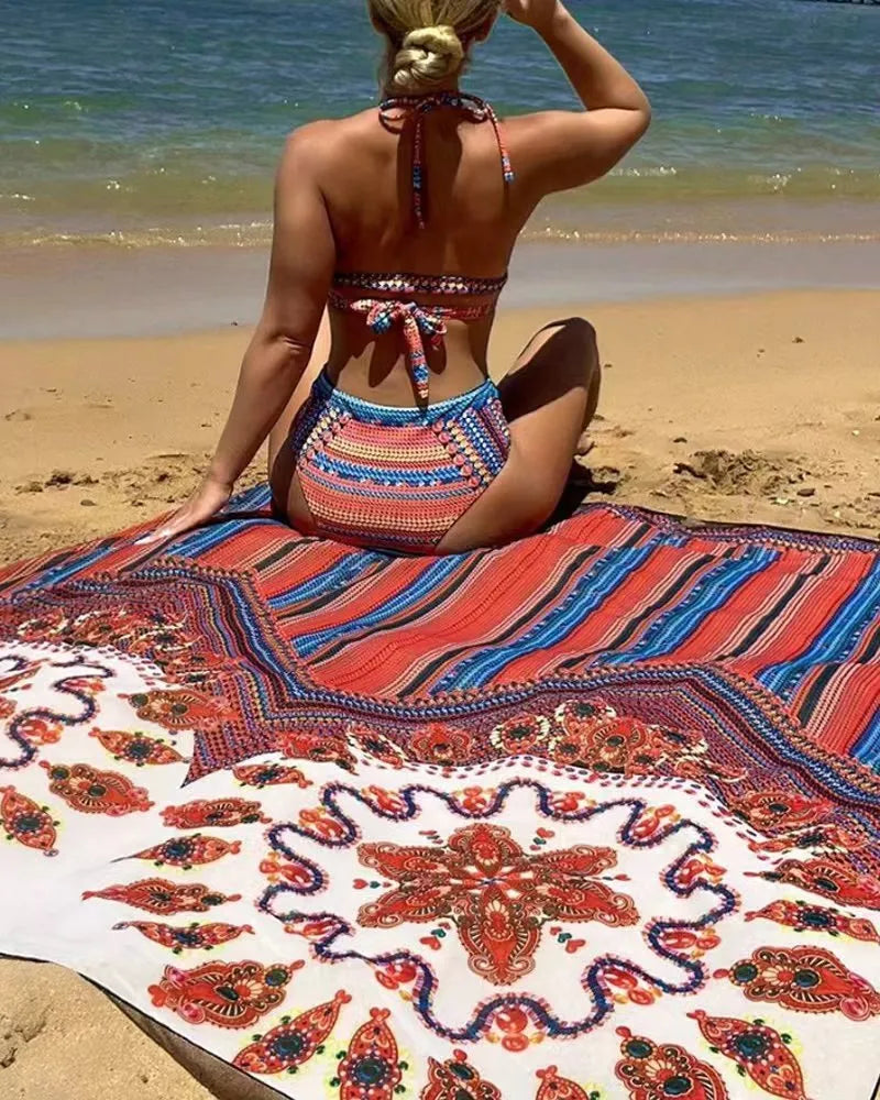 Women's three-piece swimsuit set showing high-waist briefs, cutout blouse, and coat in picture colour