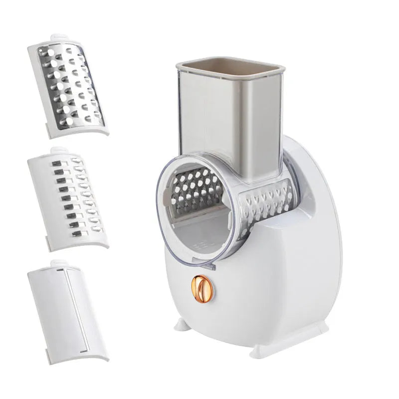 Electric vegetable slicer with suction base in white, showing feeding port and pressing rod