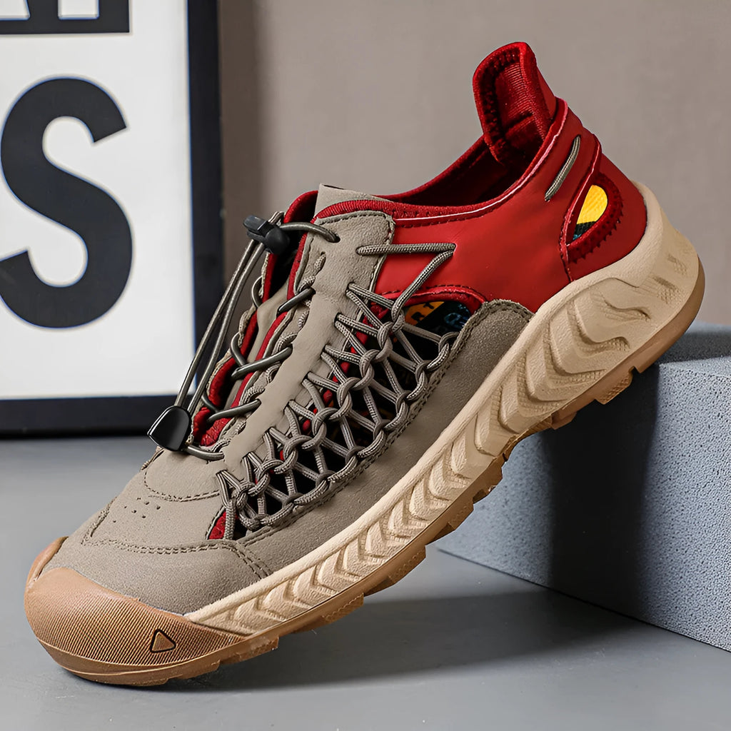 Men's hand-woven closed toe sandal with PU leather upper and rubber sole, available in multiple colours
