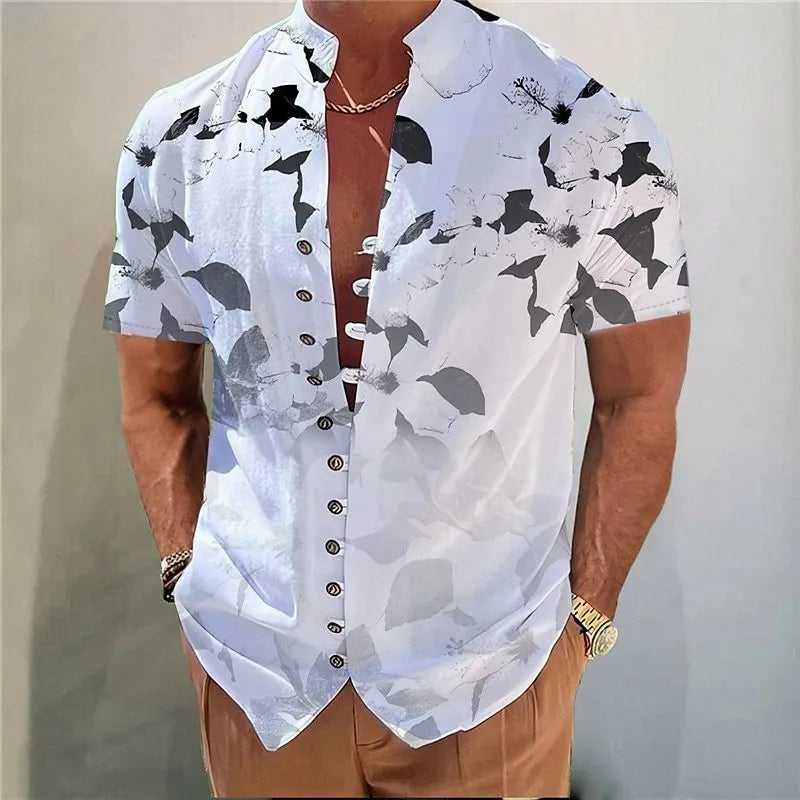 Geometric 3D printed short sleeve casual floral shirt in polyester blend, regular fit cardigan style, front view