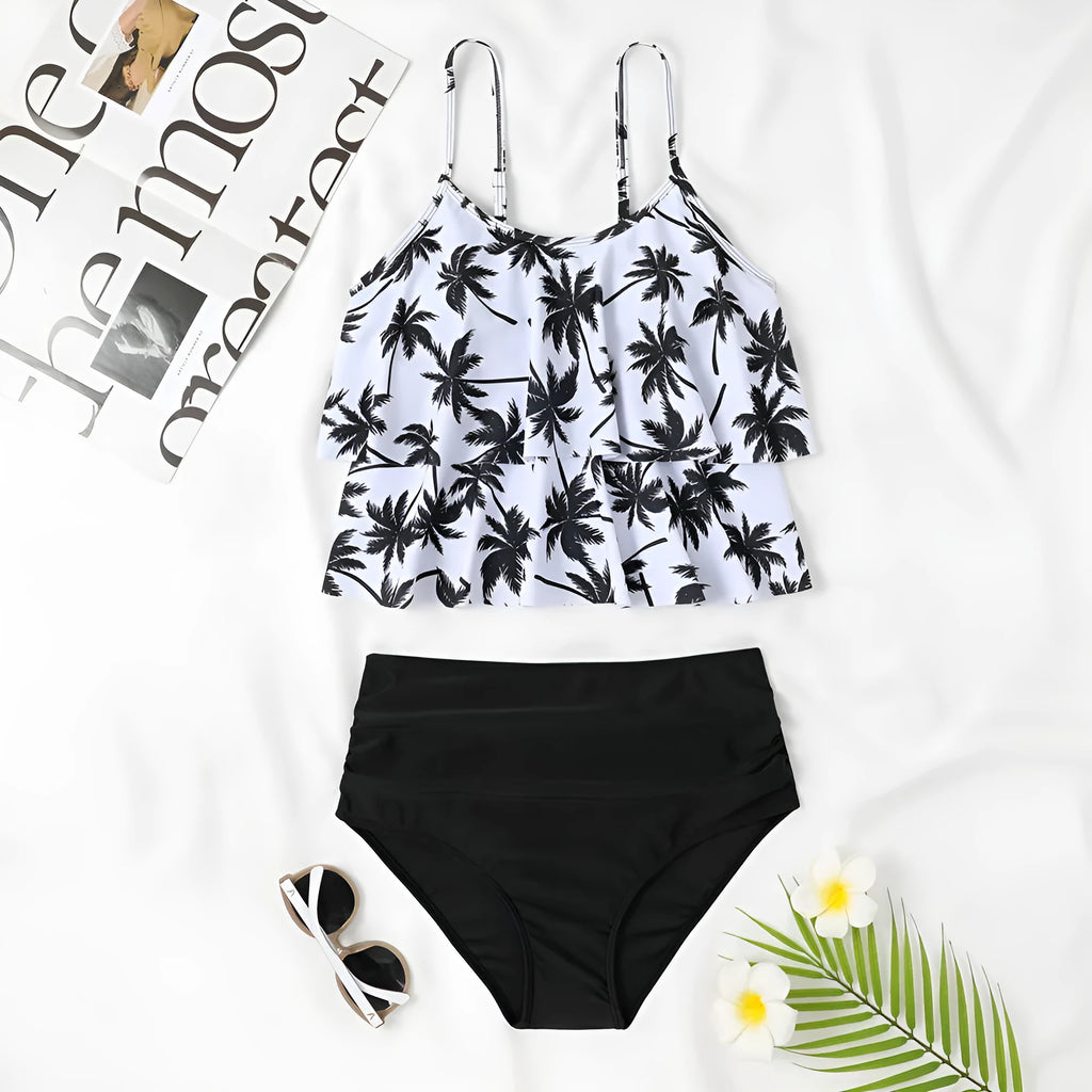 High-waist double-layer swimsuit bikini set with a coconut tree print pattern.