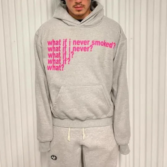 Letter print heavy hooded sweater pullover in heather gray with figure pattern, front view