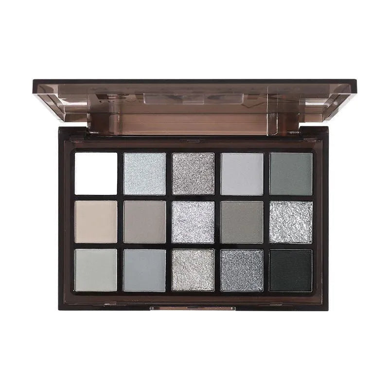 15-color eyeshadow palette open showing brown, blue, and earth tone shades