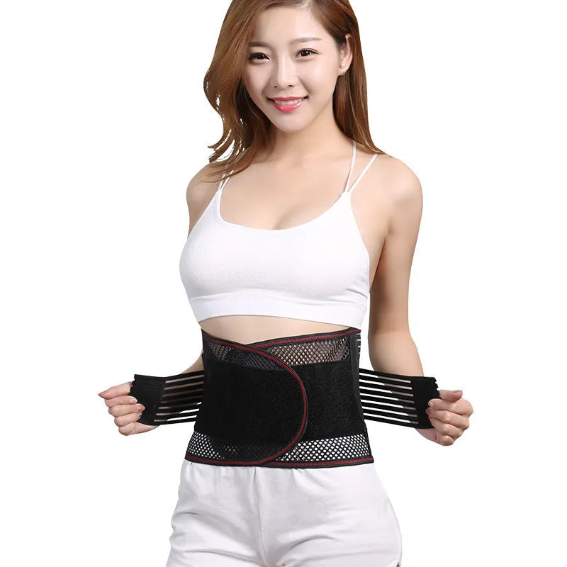Black sports waist support belt with steel plate insert for lumbar protection during fitness activities