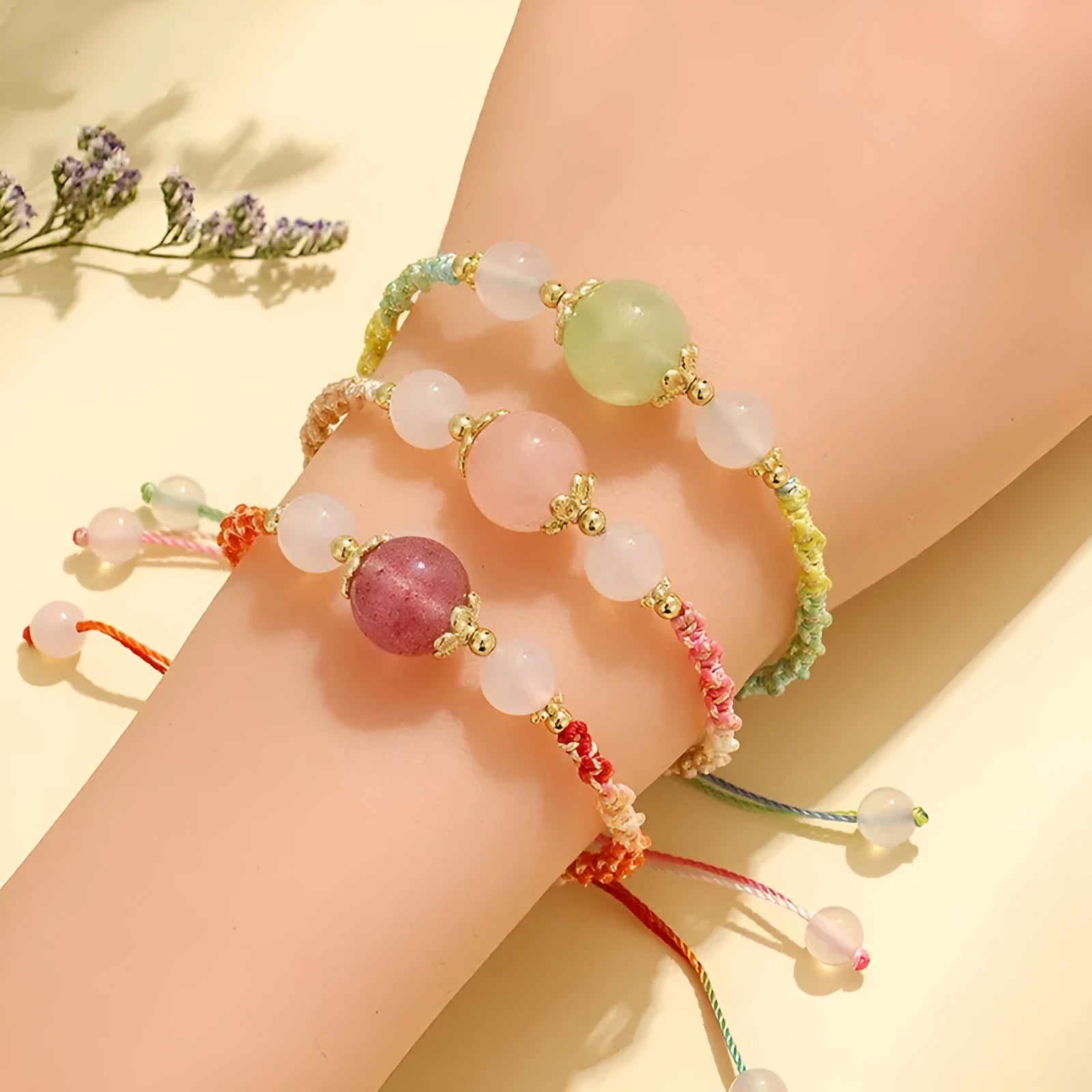 Hand-woven couple bracelet with white agate and prehnite beads, 12mm 8mm, electroplated finish