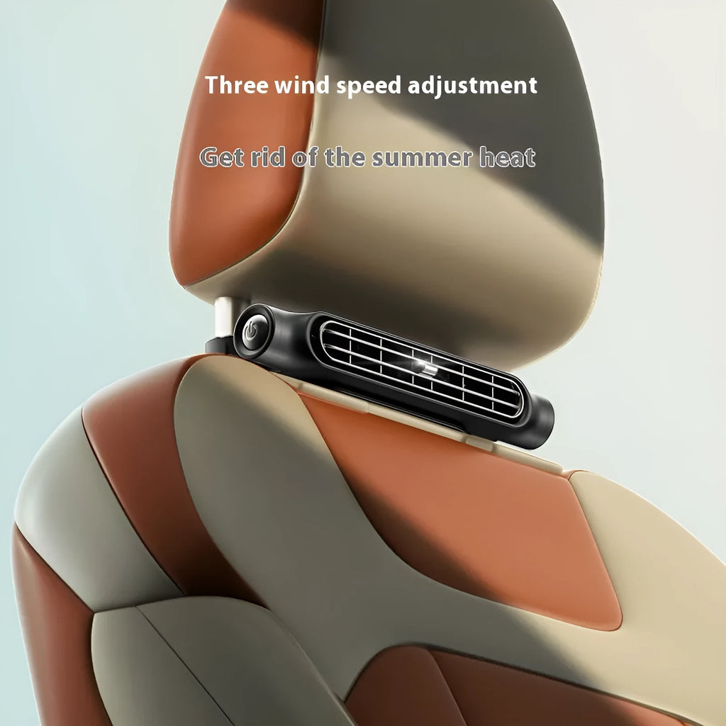 USB-powered car fan with Velcro strap, no-leaf blades, and brushless motor in beige colour on a car seat headrest.