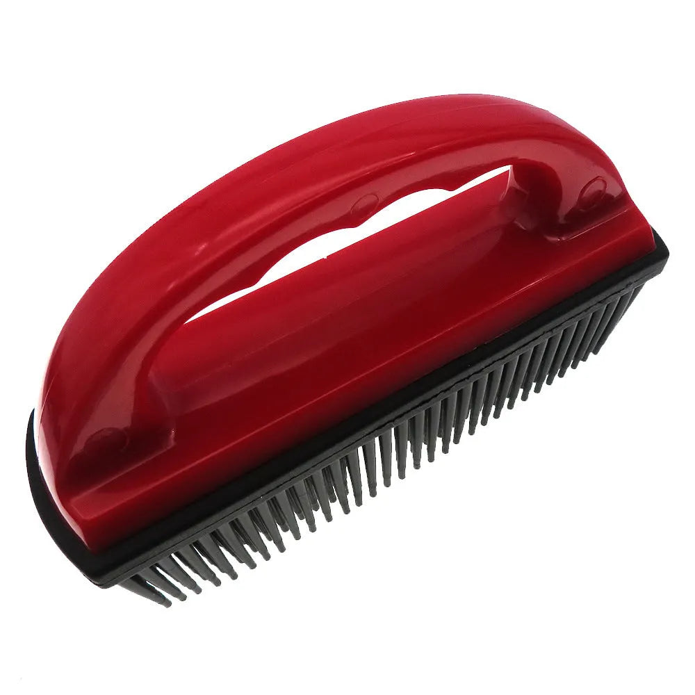 Red plastic pet hair removal brush measuring 160x85mm for grooming and carpet cleaning