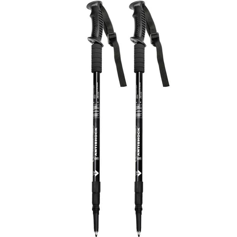 Aluminium alloy trekking poles adjustable 65-135cm with mud supports and snow holders on a mountain trail