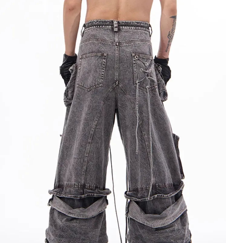 Grey cotton denim distressed overalls with rope stitching in mop pant style on model