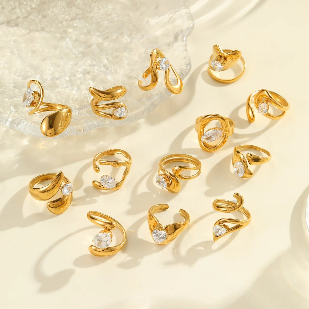 Geometric open mouth zircon ring made from stainless steel, showing its free size design.