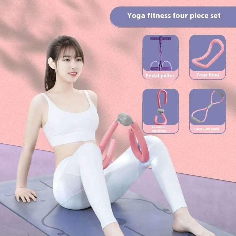 Yoga four piece set showing leg stretcher, yoga ring, foot pedal device and figure eight tension rope
