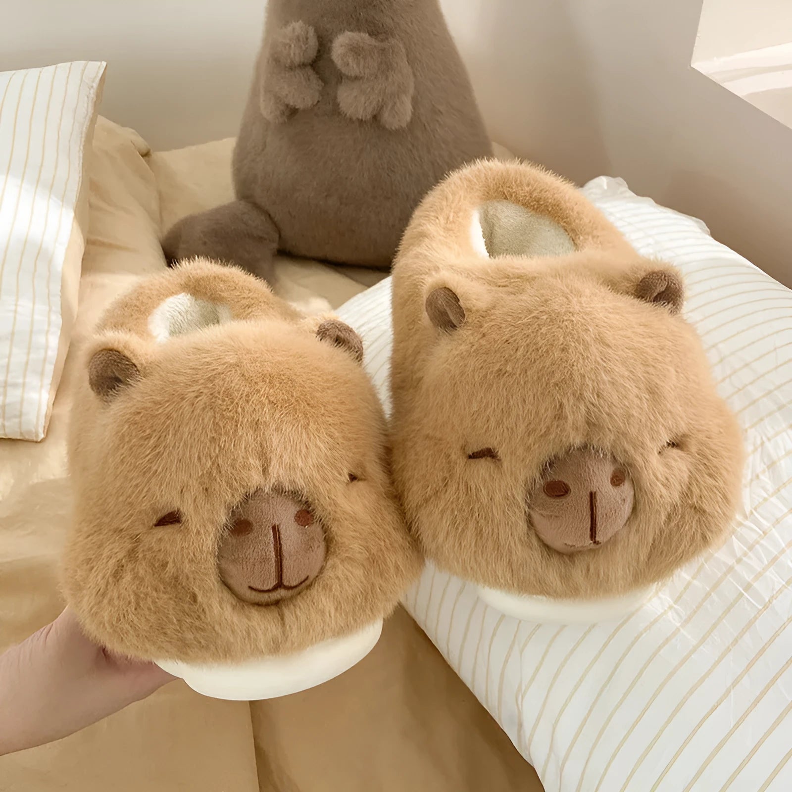 Light brown women's winter slippers with cartoon pattern, plush upper and artificial wool lining
