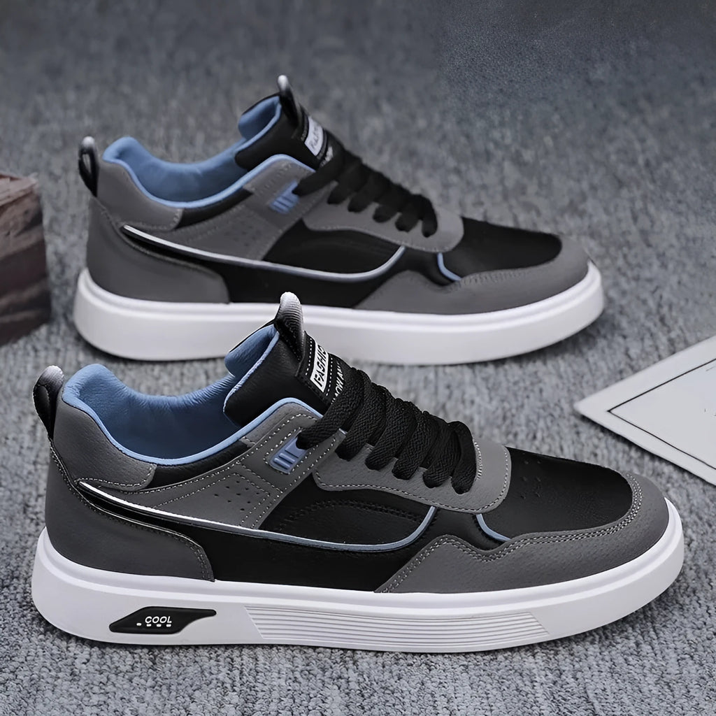 Men's Korean-style low-top canvas board shoes in black, beige, or grey with mesh lining