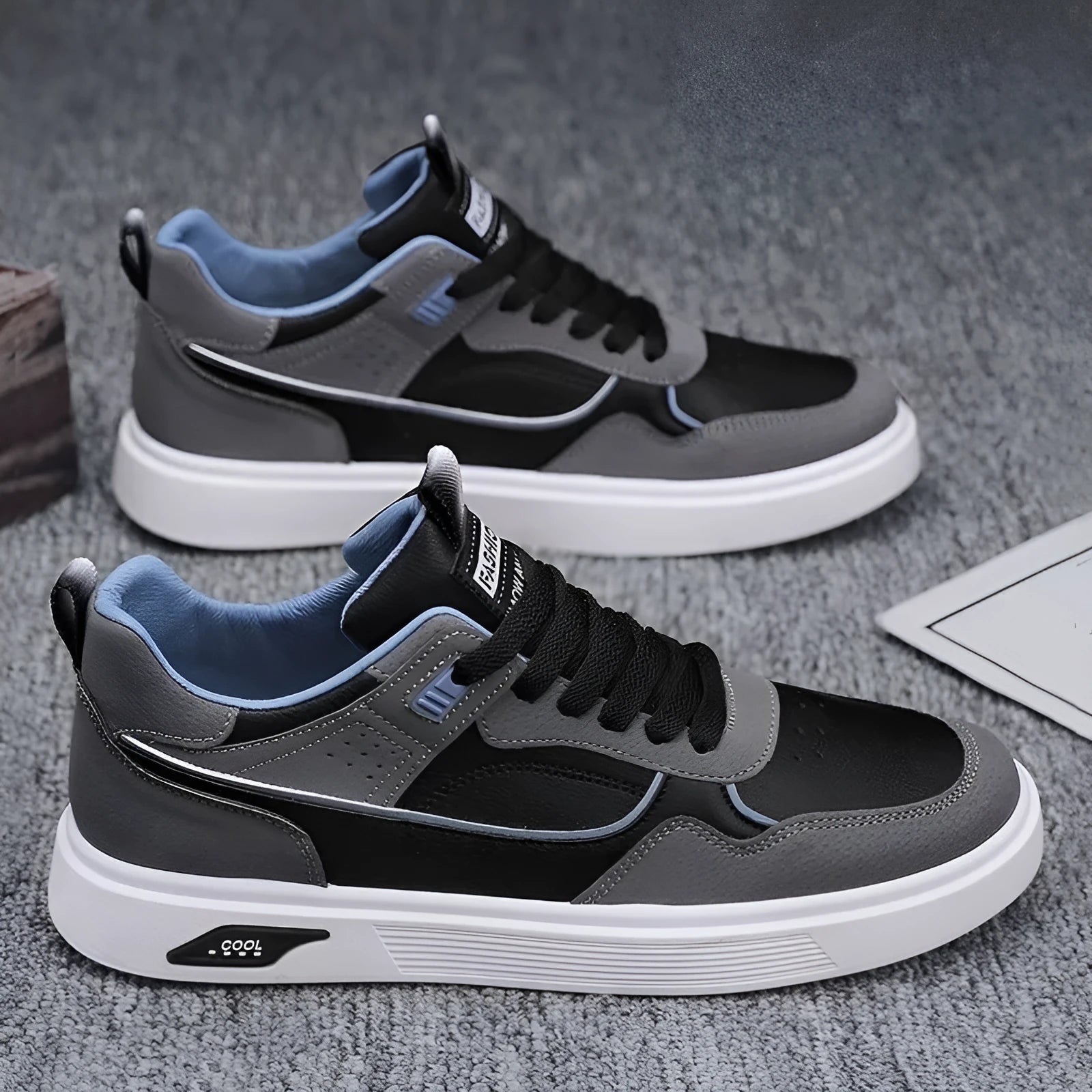 Men's Korean-style low-top canvas board shoes in black, beige, or grey with mesh lining