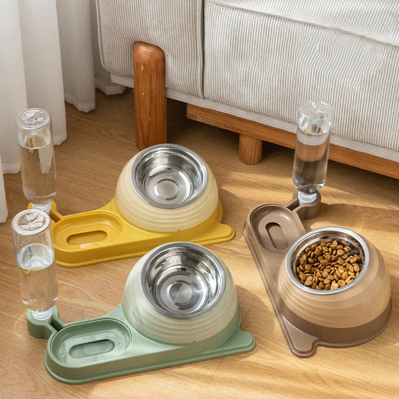 Automatic pet water bowl set with elevated food dish for cats and small dogs