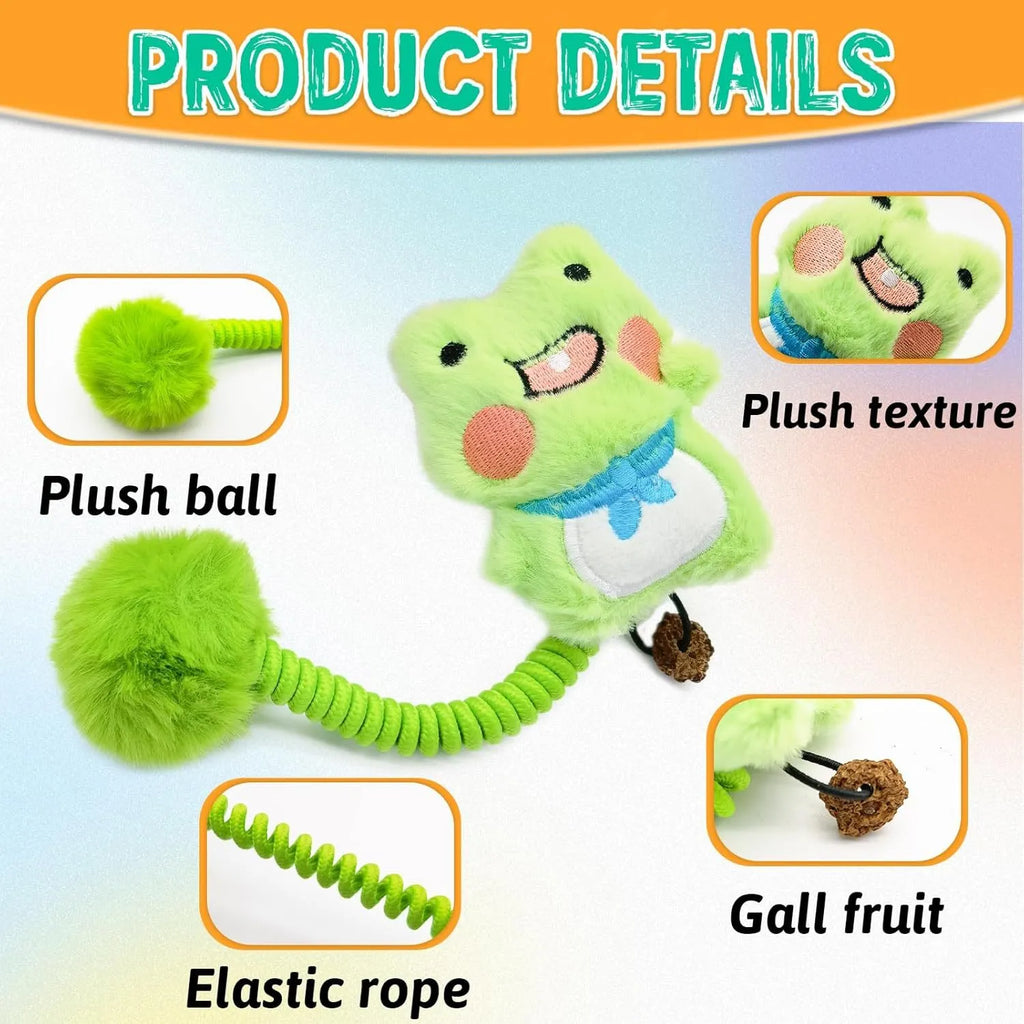 4-in-1 cat toy with plush animal, silvervine fruit, stretchable spring and fuzzy ball on white background
