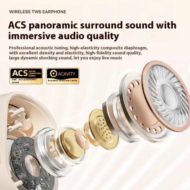 Wireless ear-mounted headphones with digital display screen in black, skin colour, or white options