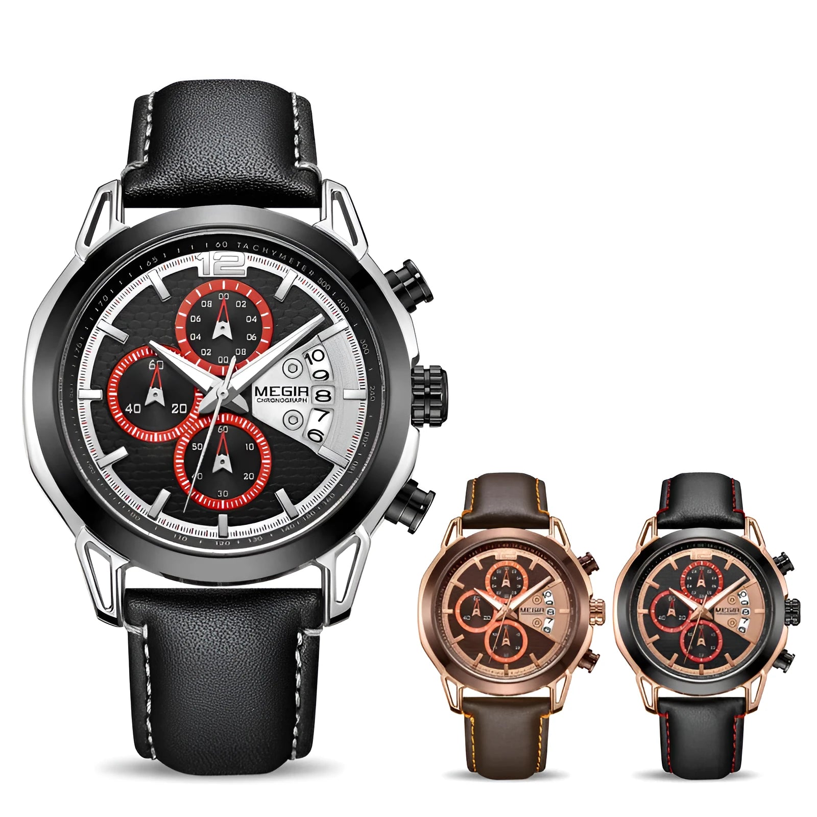 Men's quartz chronograph watch with luminous hands, leather strap, and alloy case on black background