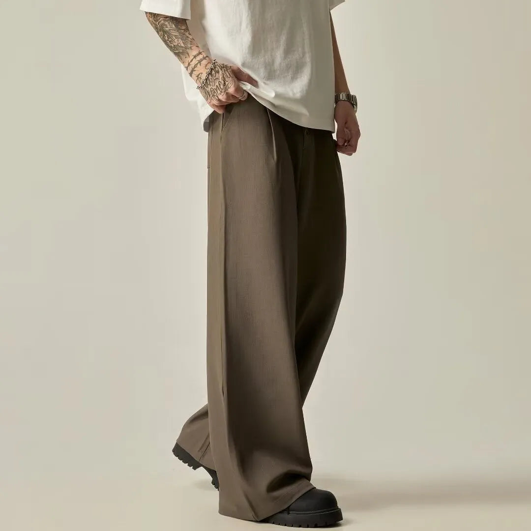 Men's solid colour vertical tube wide-leg casual trousers in black or brown with straight-leg design