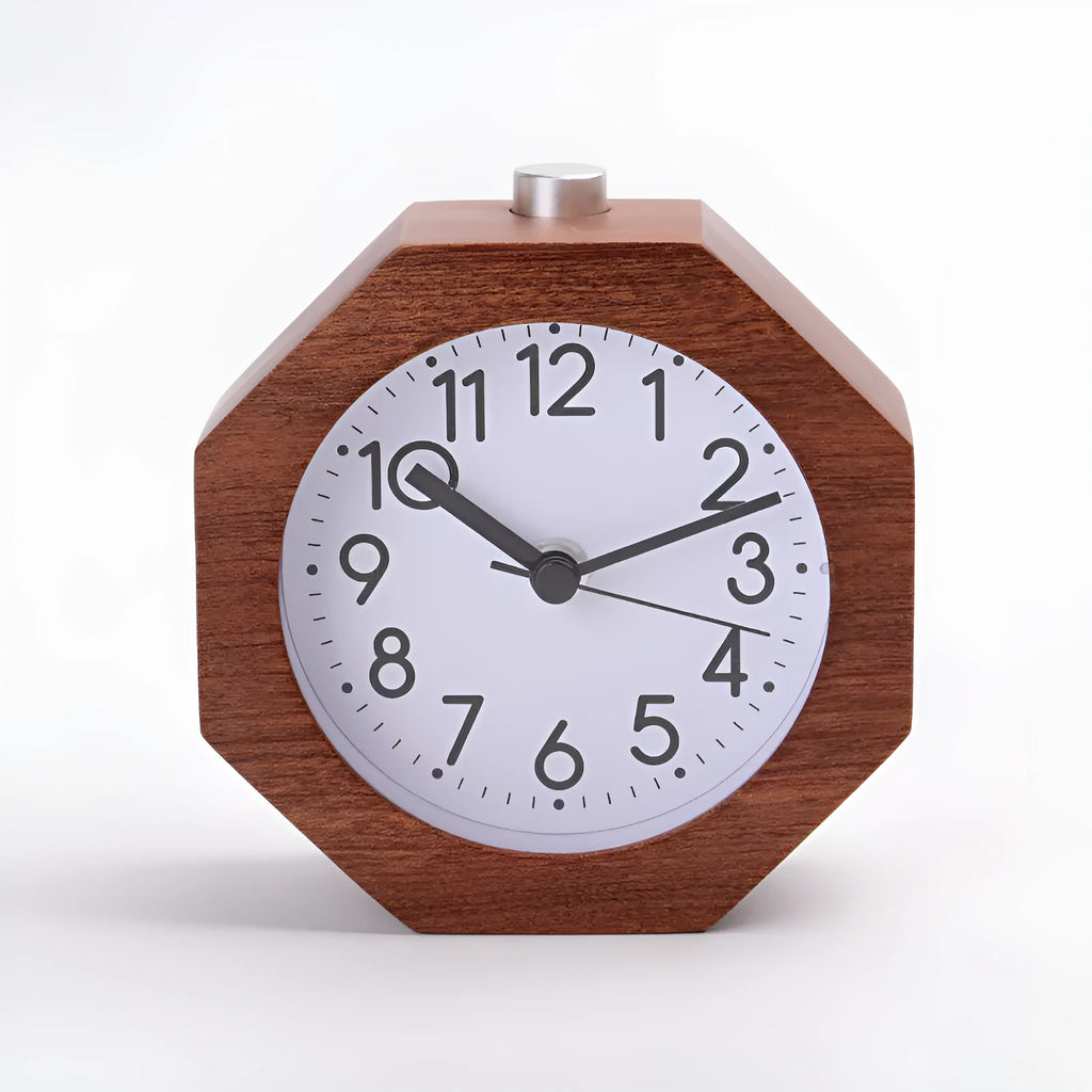 Polygonal beech wood alarm clock with luminous dial, available in brown white and gray white