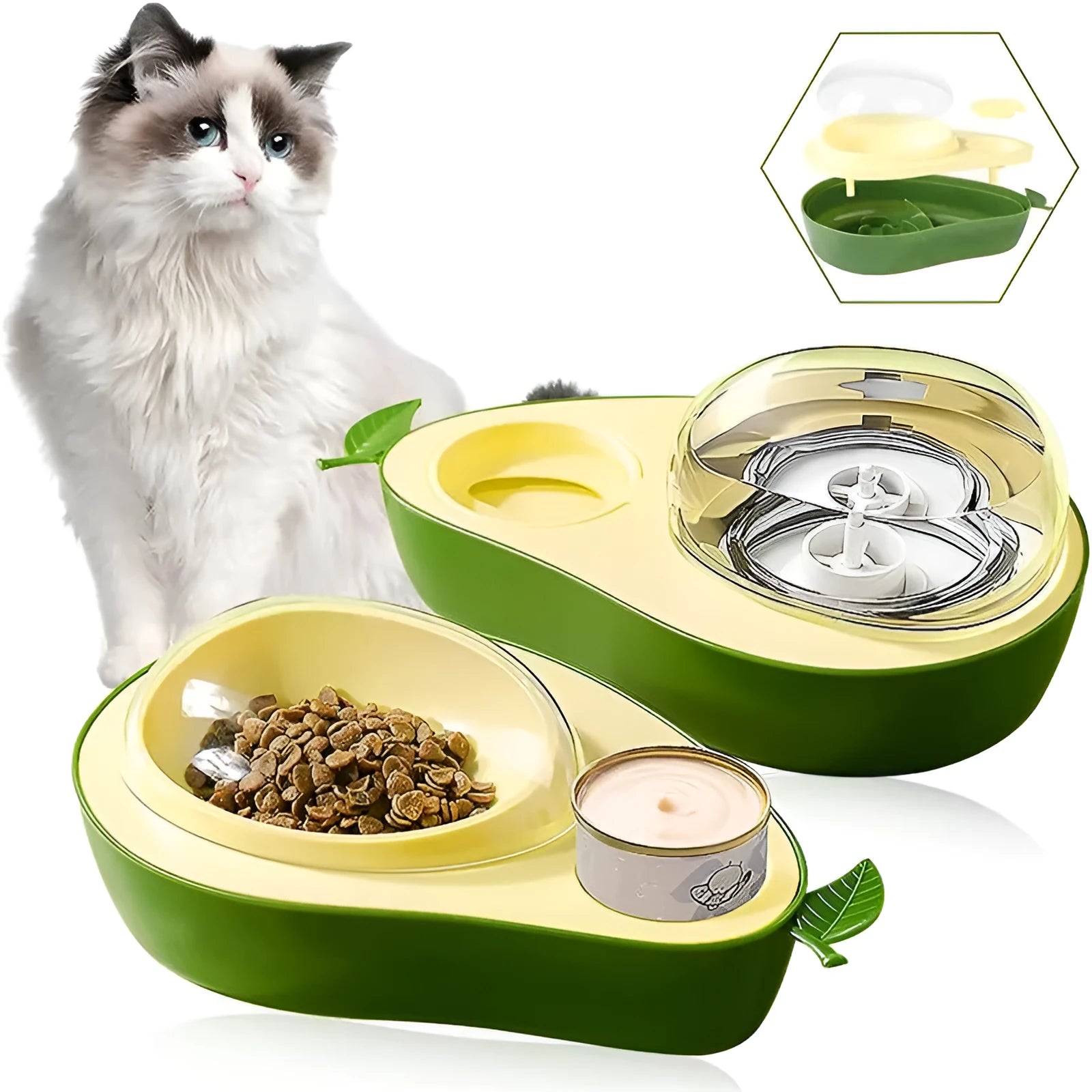 Avocado-shaped automatic water pet feeder with a green water reservoir and a pink slow food bowl on a white surface
