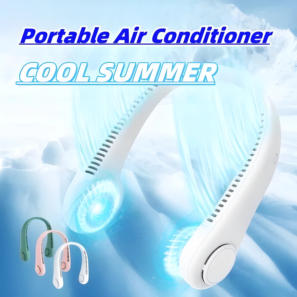 Rechargeable neck fan in leafless design worn around neck with decentralised air outlet