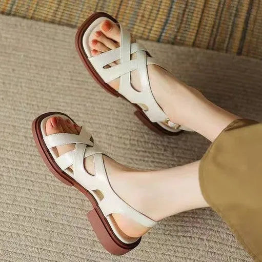 Women's patent leather beach sandals with square toe in black, brown and white colour options