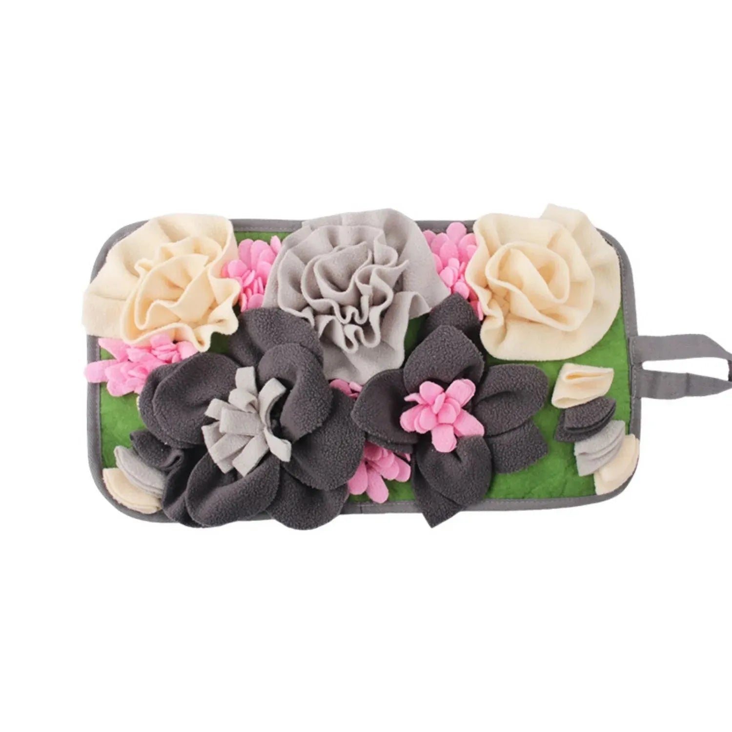 Gray square foraging mat for rabbits and guinea pigs with fabric loops for hiding treats
