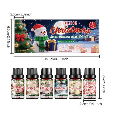 Christmas aromatherapy oil set showing six bottles in two sizes for seasonal home fragrance