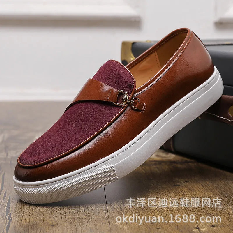 Men's horsebit buckle slip-on loafers in black and red, artificial leather upper, round toe, rubber sole