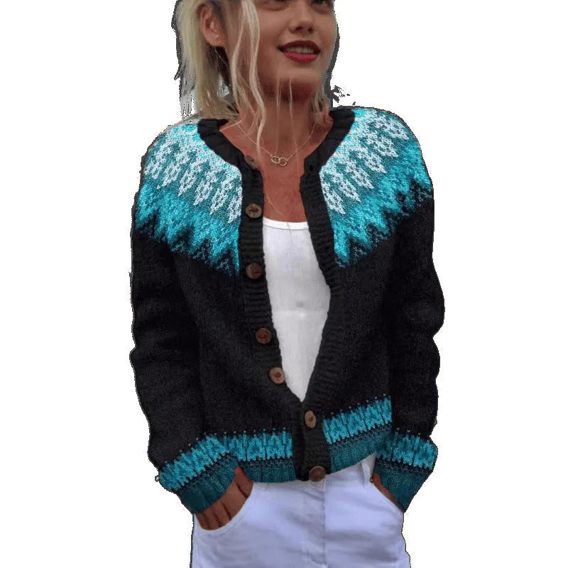 Digital printing cardigan knitted coat with 3D effect pattern in yellow, front view, on a plain background
