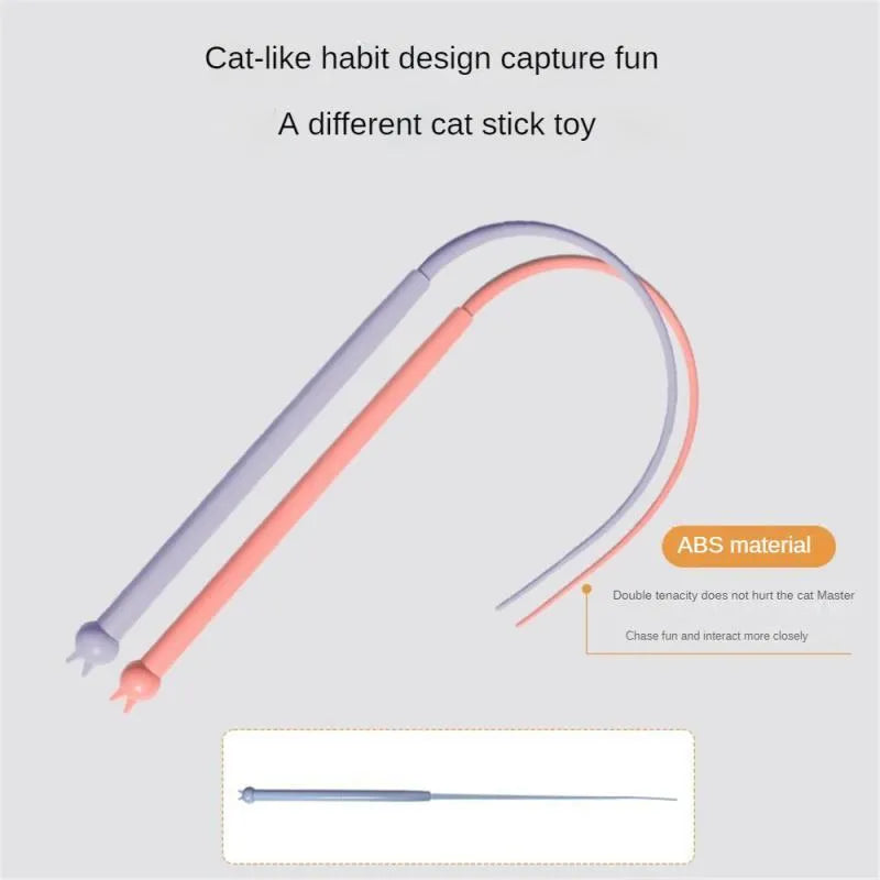 Blue simulated mouse tail cat teaser toy with long silicone tail and ABS handle on a white background.