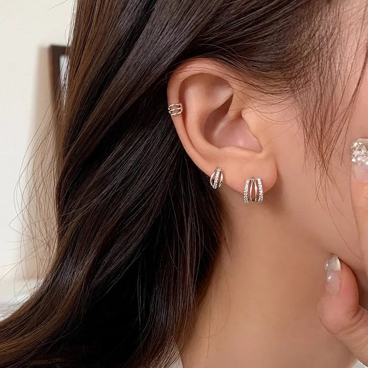 Geometric silver needle earrings with electroplated finish in three size variations