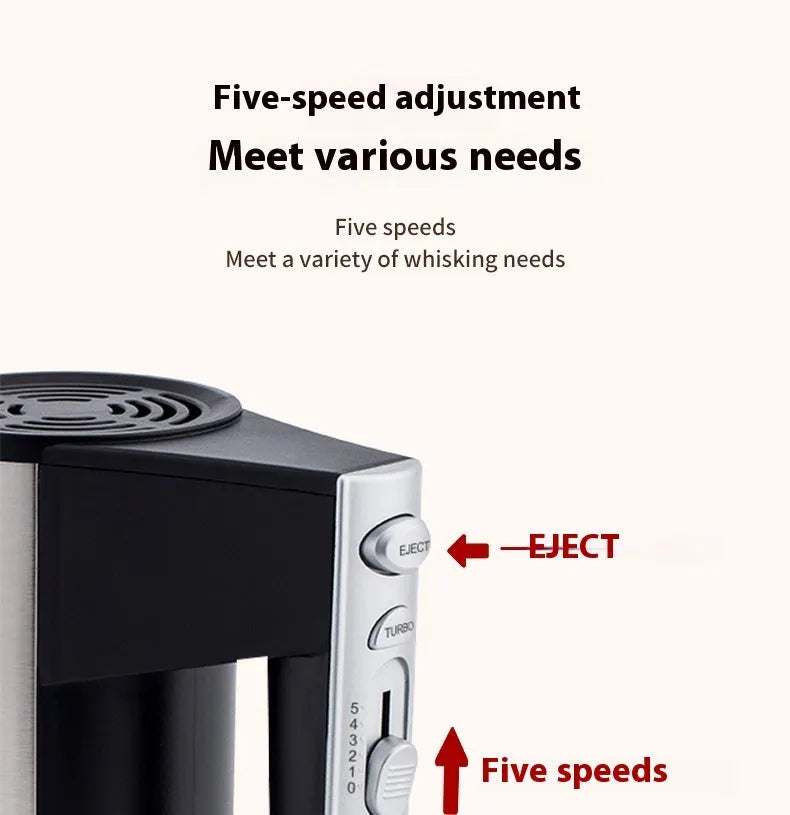 Handheld electric mixer with 500W power and five speed settings for baking preparation