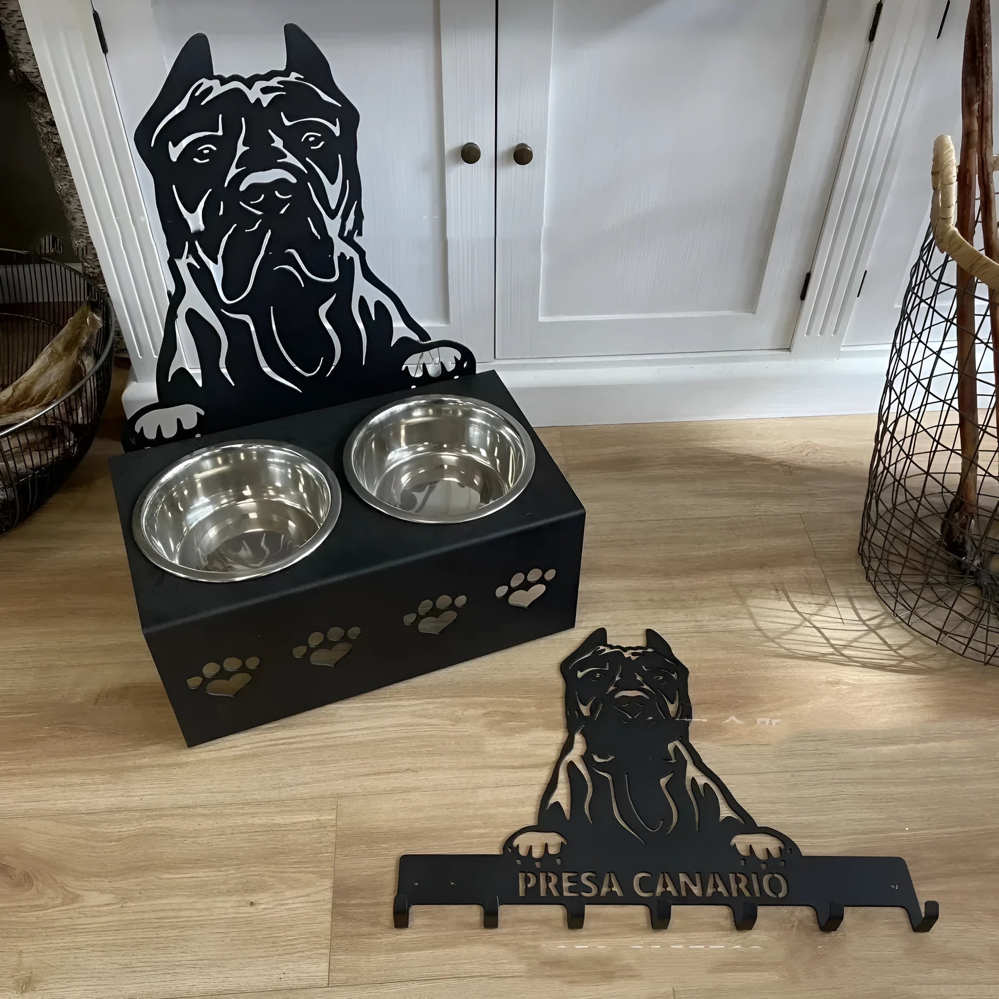 Personalised dog bowl holder with engraved name on iron stand and stainless steel bowl