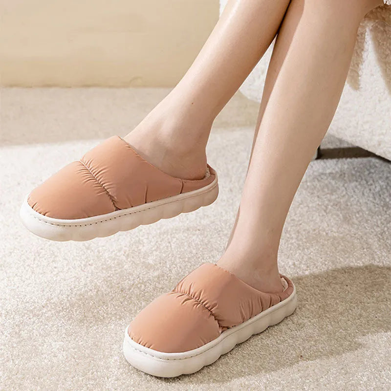 Artificial leather winter house slippers with thick rubber anti-slip soles and plush lining in blue colour
