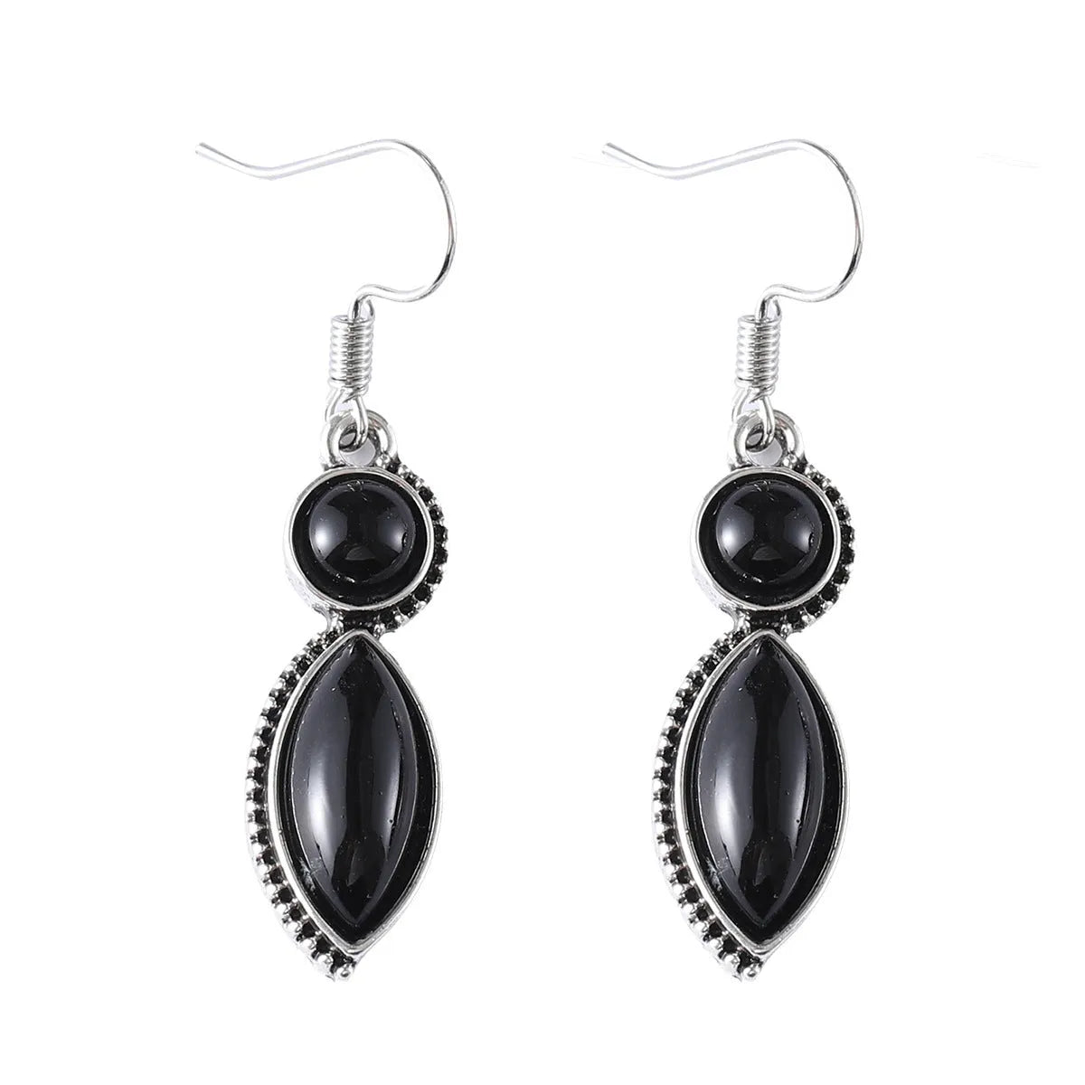 Pair of black and purple geometric vintage pendant earrings with round decorative elements