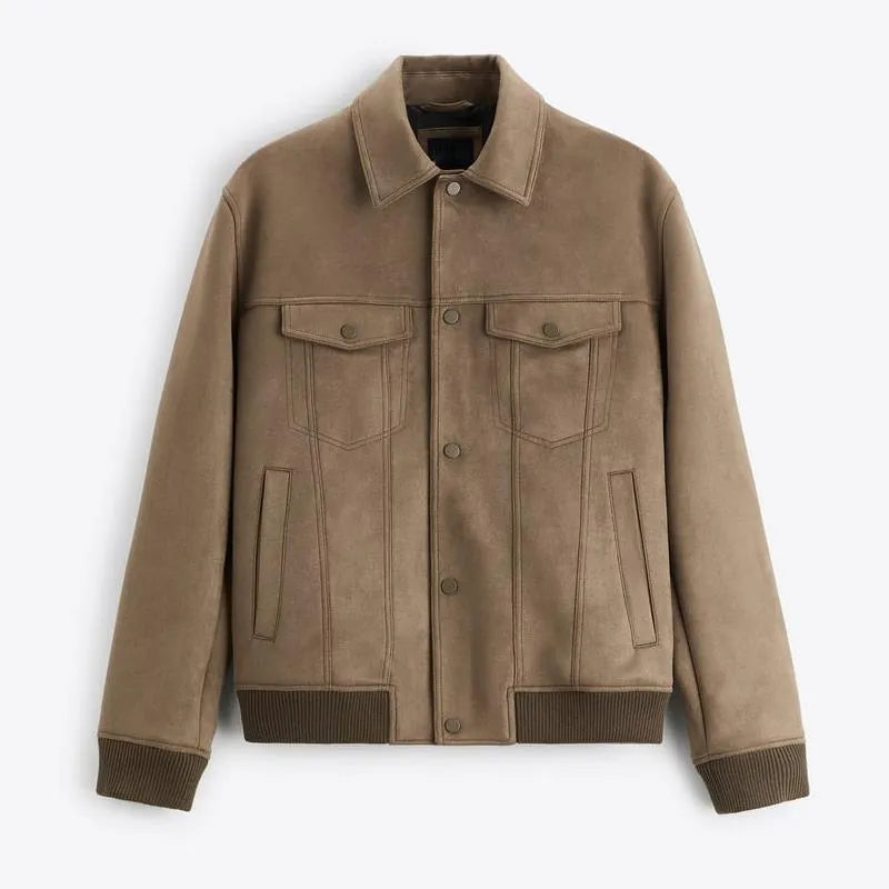 Light Grey suede velvet long sleeve jacket with a casual British-style fit on a hanger.