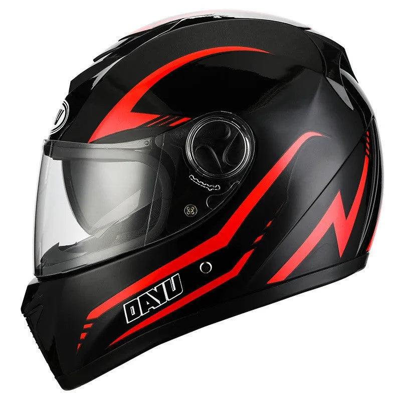 Black and red pattern motorcycle helmet with double lens visor on a white background