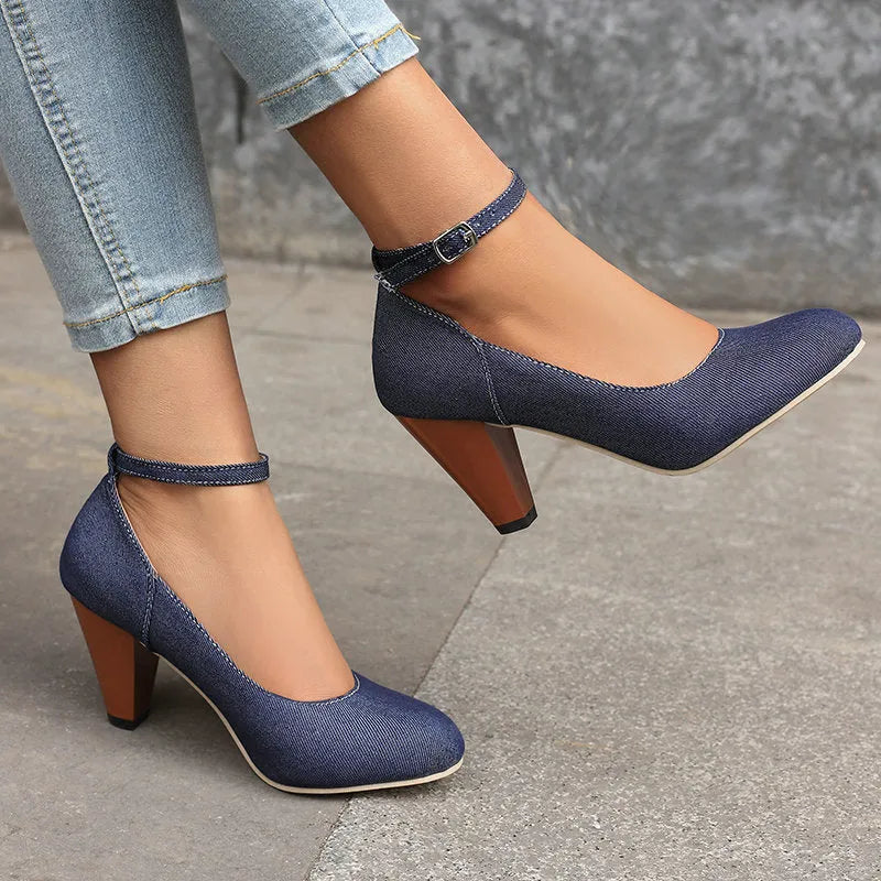 Denim women's high heel platform shoes with buckle fastening, round toe, shallow mouth, in solid colour, side view